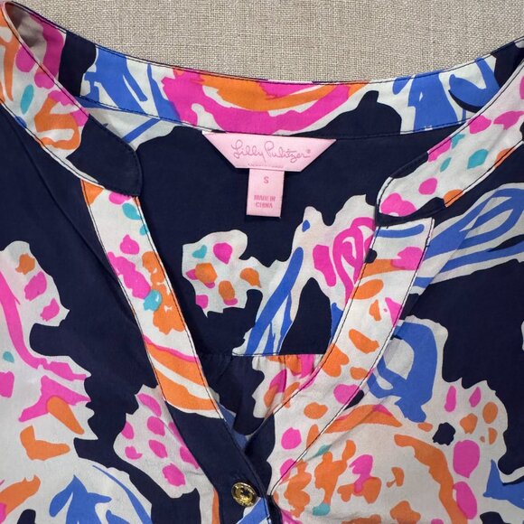 Lilly Pulitzer Silk Floral Blouse Women’s Small Navy Pink Orange Long Sleeve Top - Picture 2 of 7